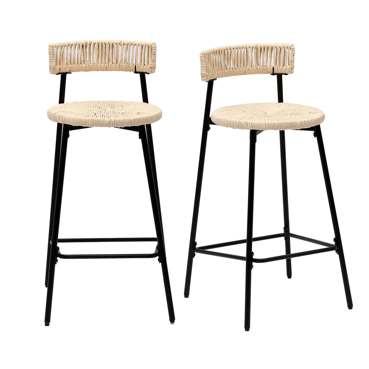 Boho Style Handwoven Paper Rope Counter Stools with Rubber Wood Frame - Light Brown or Beige