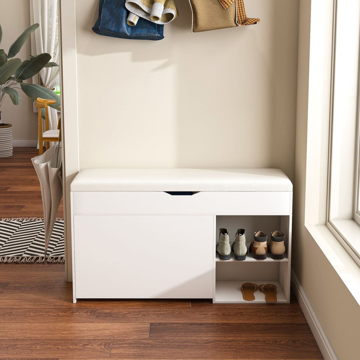 Modern White Entryway Bench with Adjustable 3-Tier Flip-Up Drawers and Hidden Cabinet