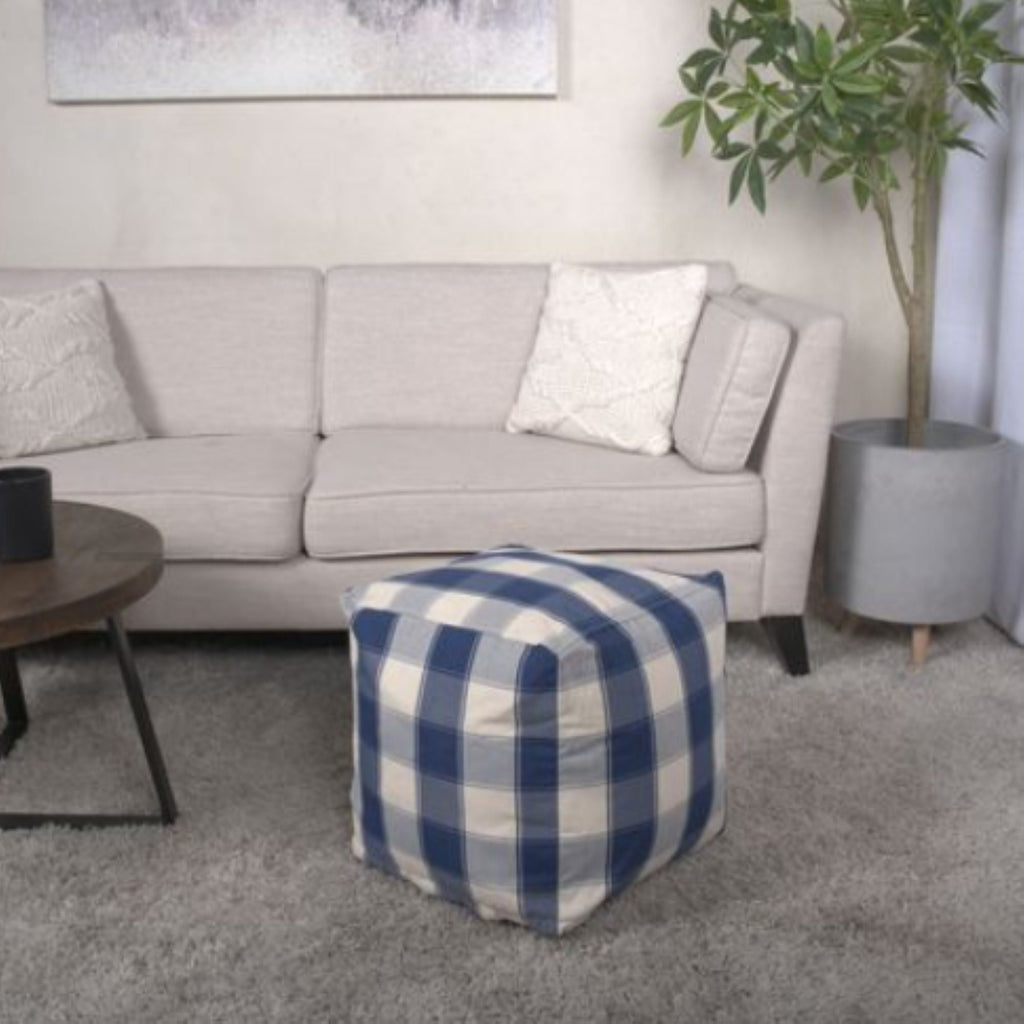 Checkered Square Pouf Ottoman and Floor Cushion with Polystyrene Bead Fill - Ivory / Navy