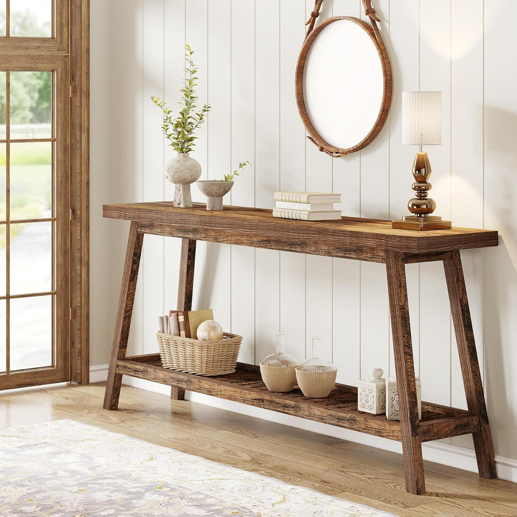 Extra Long Console Table with 2-Tier Open Storage - Farmhouse Style - Brown