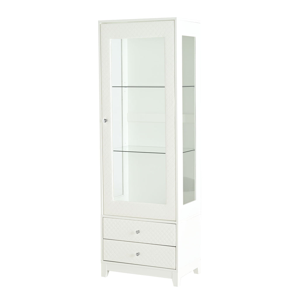 Modern Upholstered Glass Display Cabinet with Adjustable LED Light - White