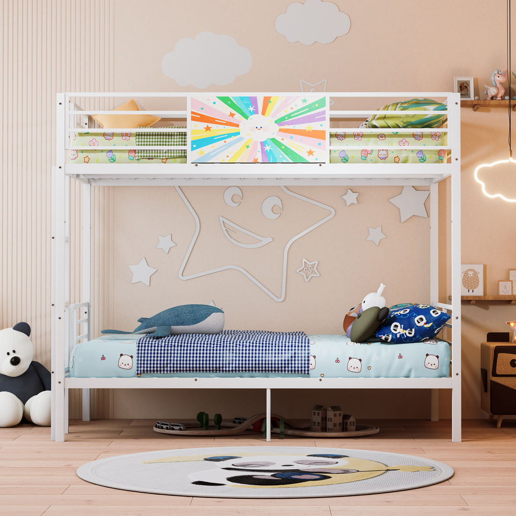 Convertible Metal Bunk Bed with Full-Length Guardrail and Ladder - White