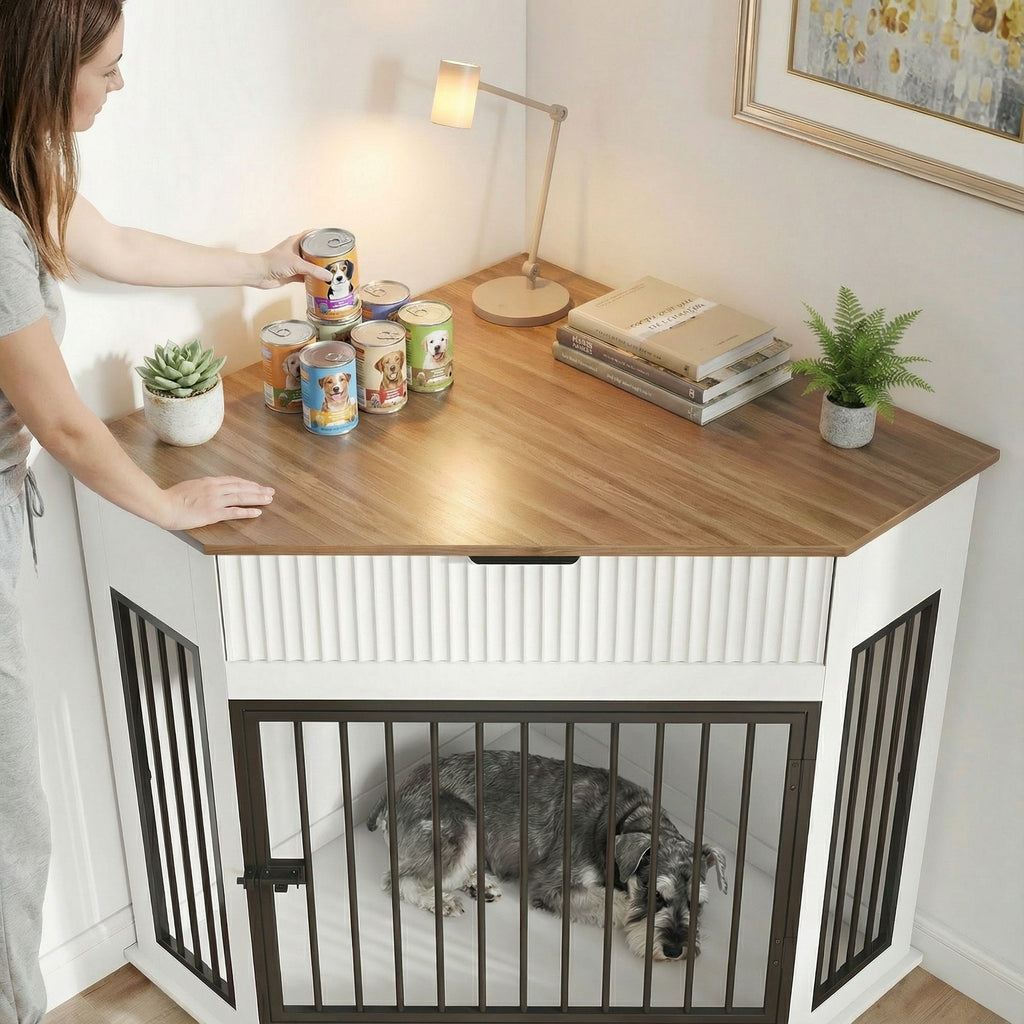 Corner Dog Crate with Fluted Drawer - White or Dark Brown