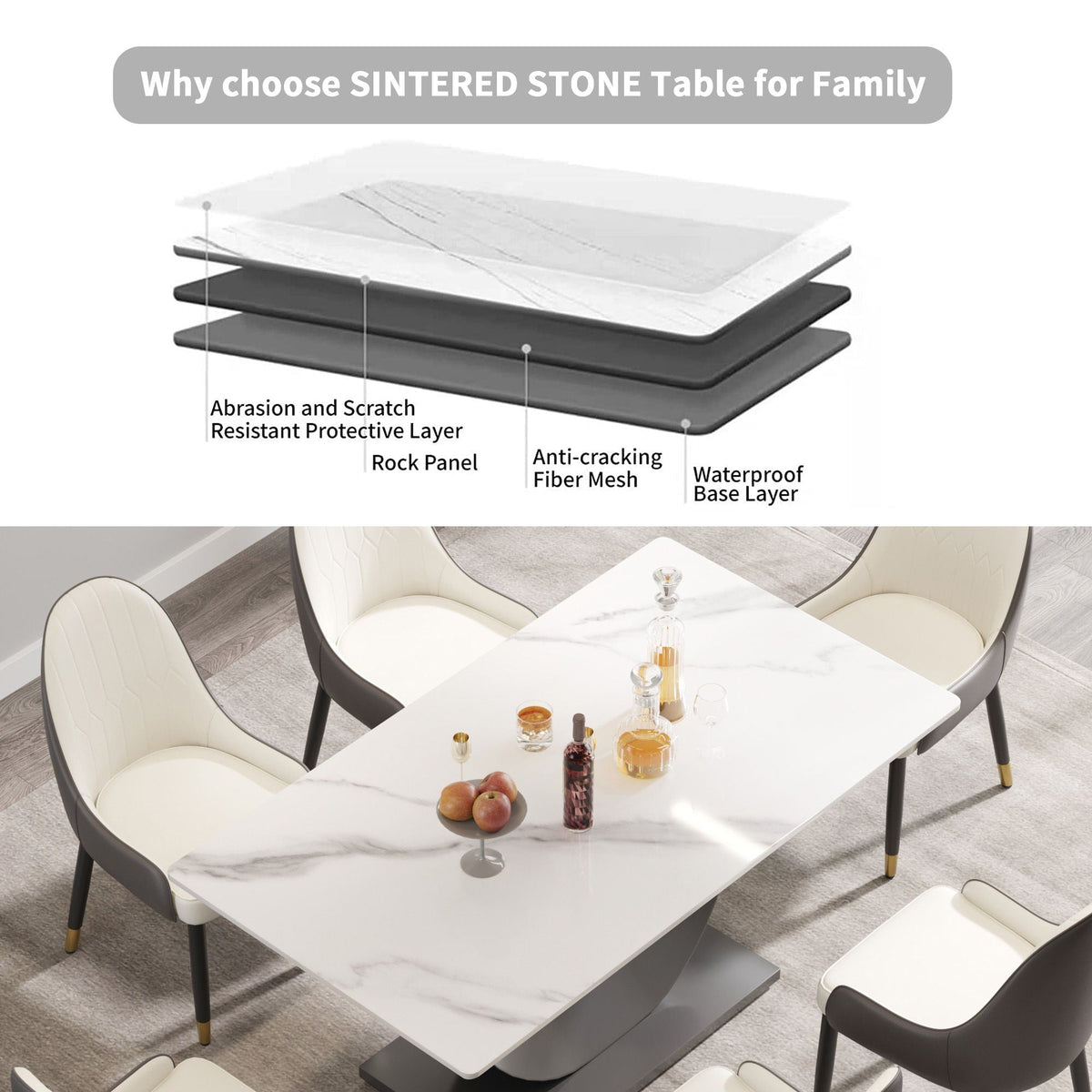 Modern Artificial Stone Dining Table with Crescent-Shaped Metal Legs - White