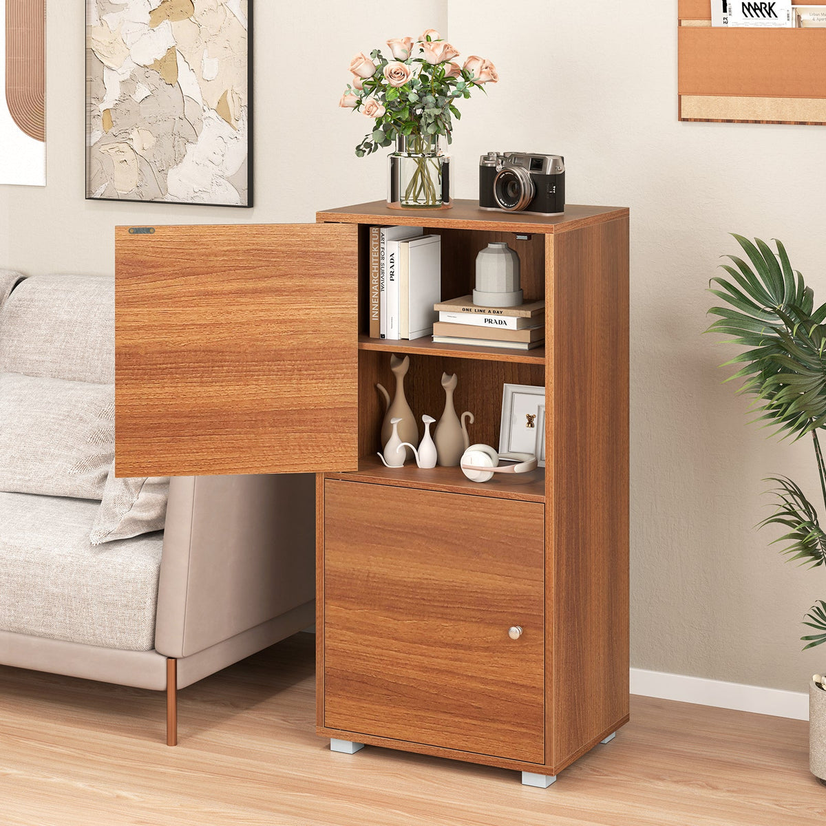 2-Tier Modern Style Nightstand with Drawer and Open Shelf-Walnut