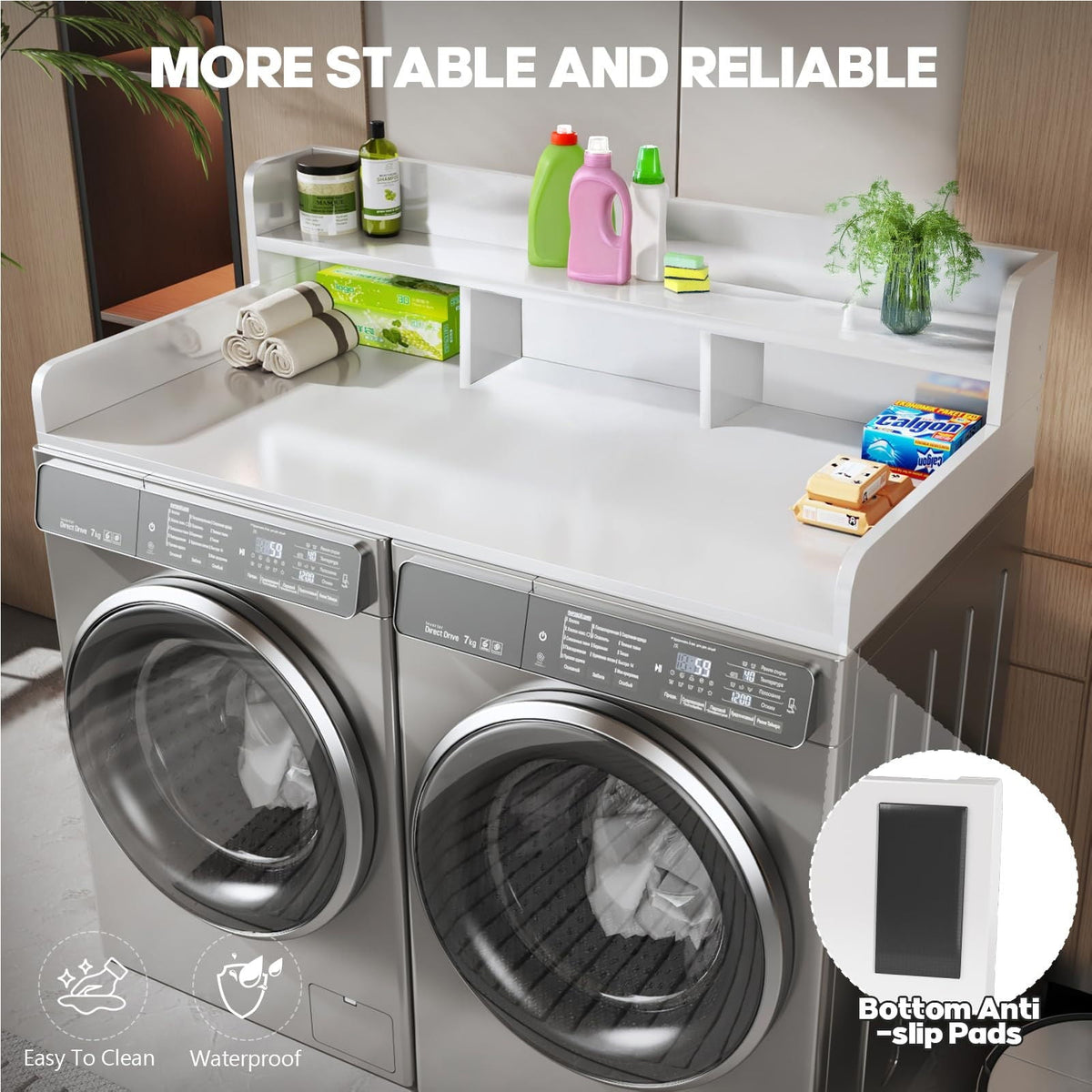 White Washer Dryer Countertop Organizer with Double Layer Storage - White