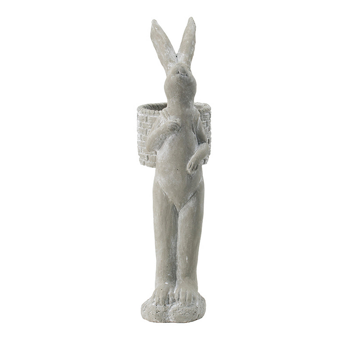 Tall Cement Rabbit Planter with Basket - Organic Gray