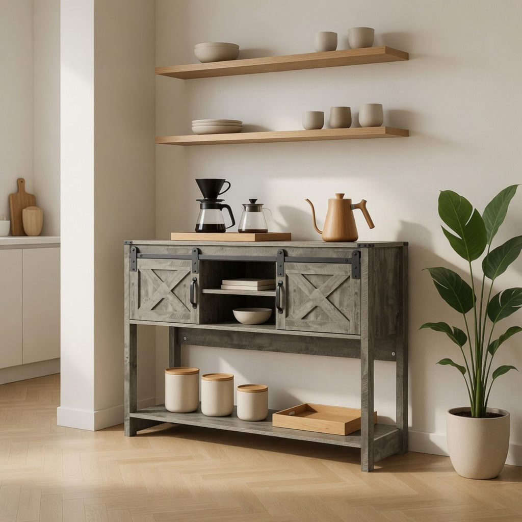 Farmhouse Entryway Table with Sliding Barn Door - Gray, Dark Gray, White, Black