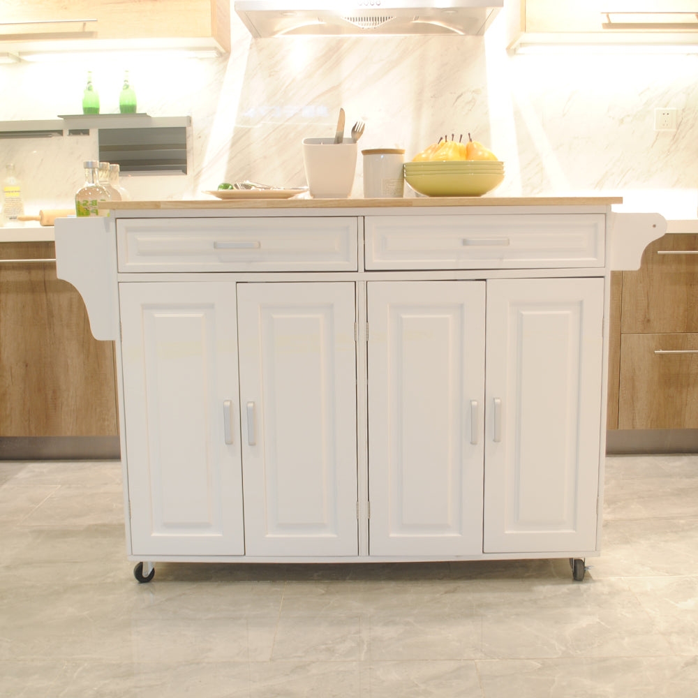 Mobile Kitchen Island with Rubber Wood Top and Ample Storage - White