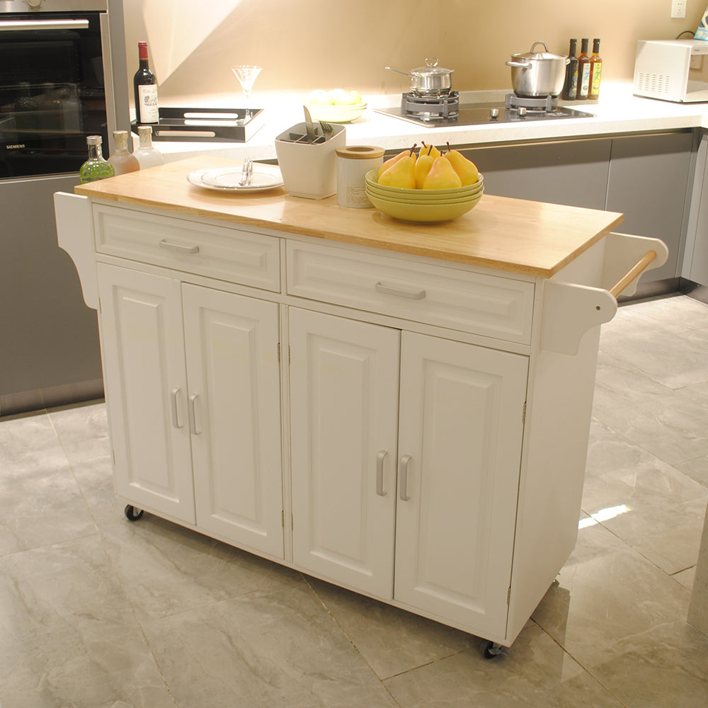 Mobile Kitchen Island with Rubber Wood Top and Ample Storage - White