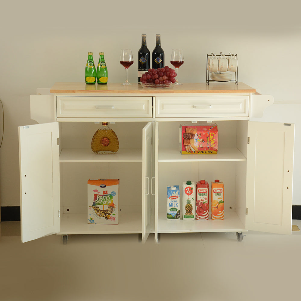 Mobile Kitchen Island with Rubber Wood Top and Ample Storage - White