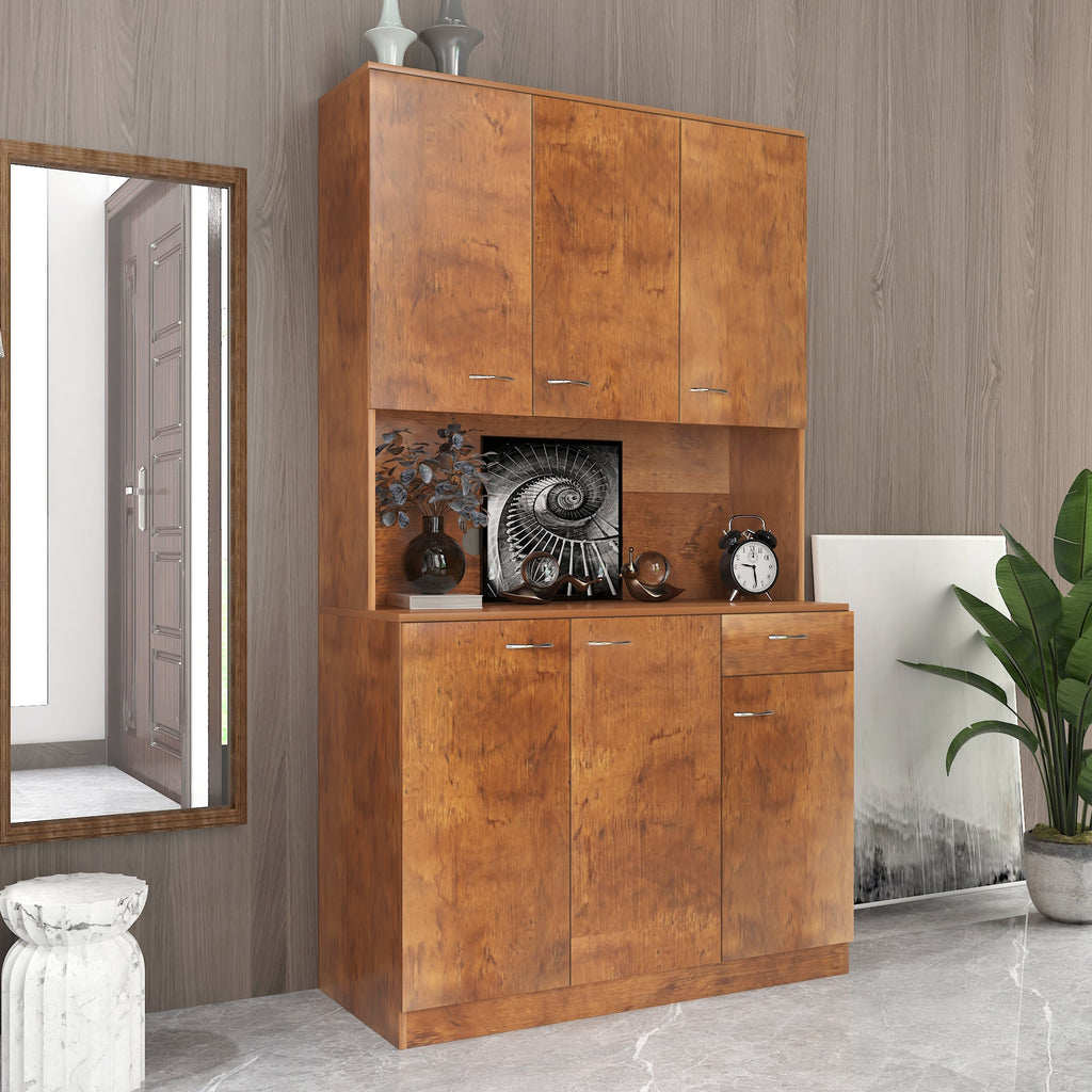 Walnut Tall Wardrobe & Kitchen Cabinet with 6 Doors, Drawer & Open Shelf