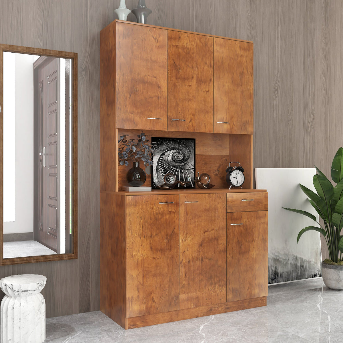 Walnut Tall Wardrobe & Kitchen Cabinet with 6 Doors, Drawer & Open Shelf