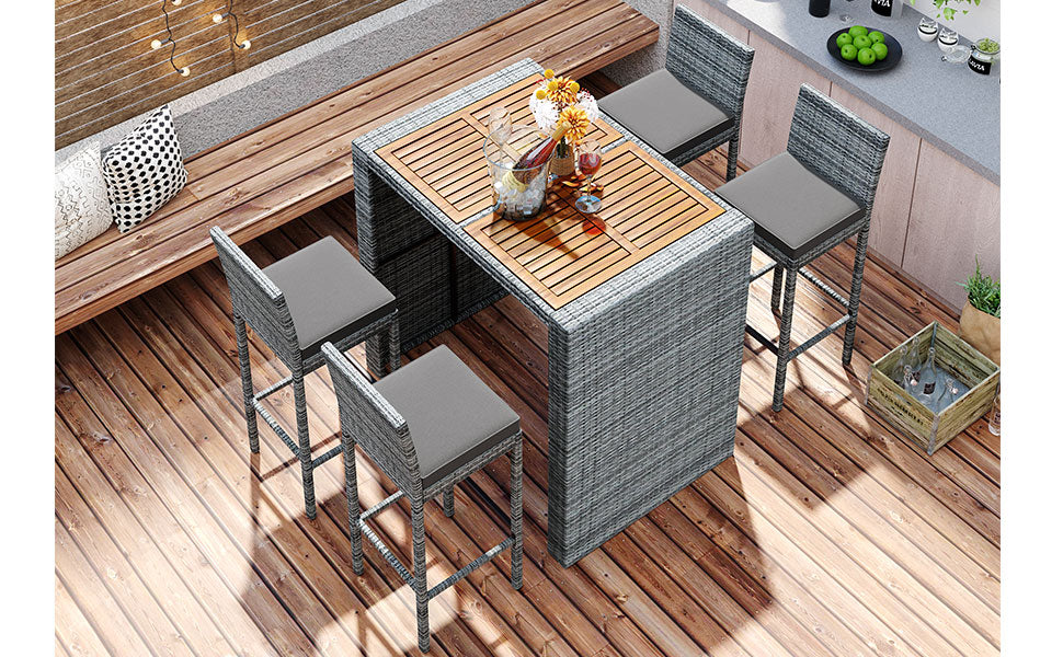 5-Piece Outdoor Patio Wicker Bar Set with Acacia Wood Table