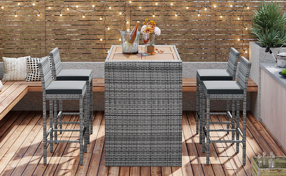 5-Piece Outdoor Patio Wicker Bar Set with Acacia Wood Table