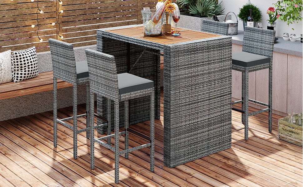 5-Piece Outdoor Patio Wicker Bar Set with Acacia Wood Table