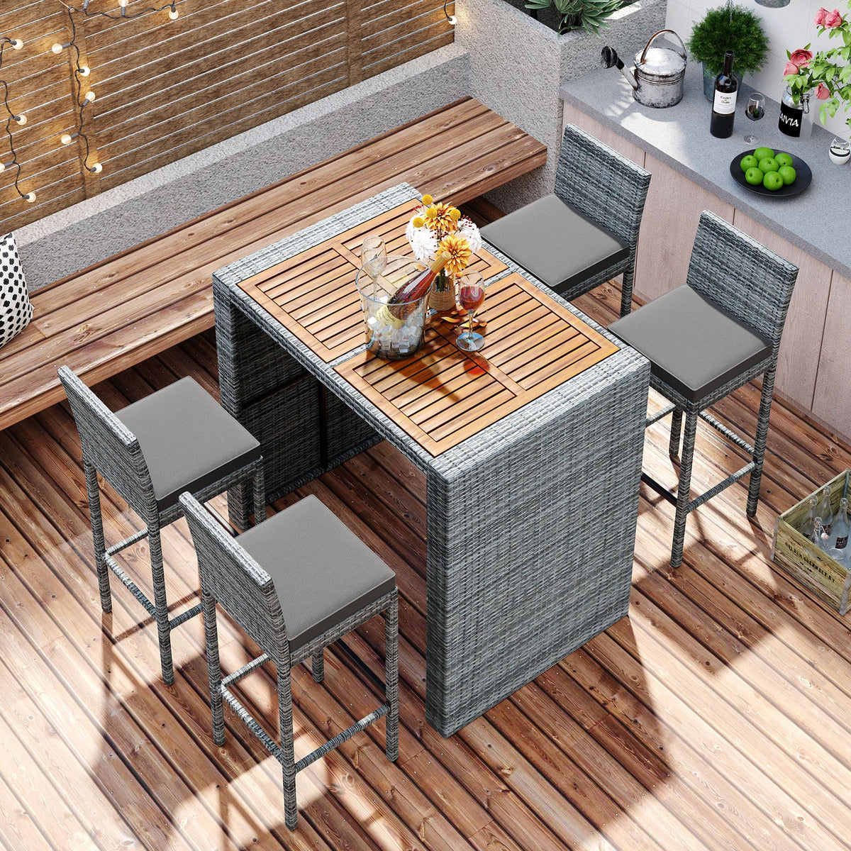 5-Piece Outdoor Patio Wicker Bar Set with Acacia Wood Table
