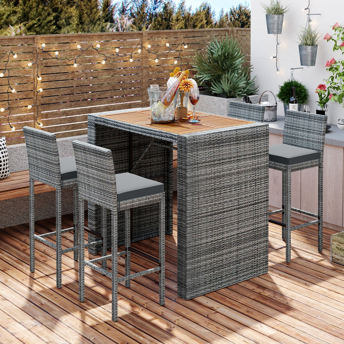 5-Piece Outdoor Patio Wicker Bar Set with Acacia Wood Table