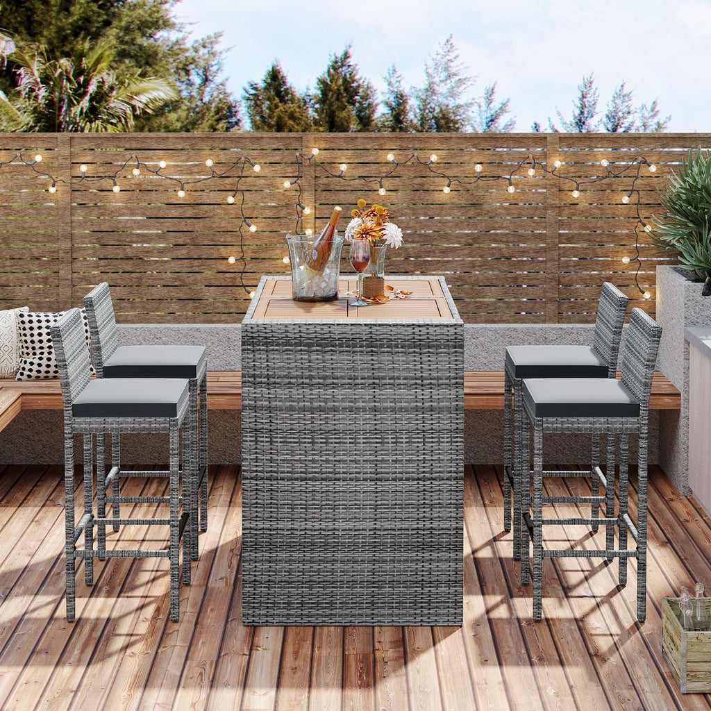 5-Piece Outdoor Patio Wicker Bar Set with Acacia Wood Table