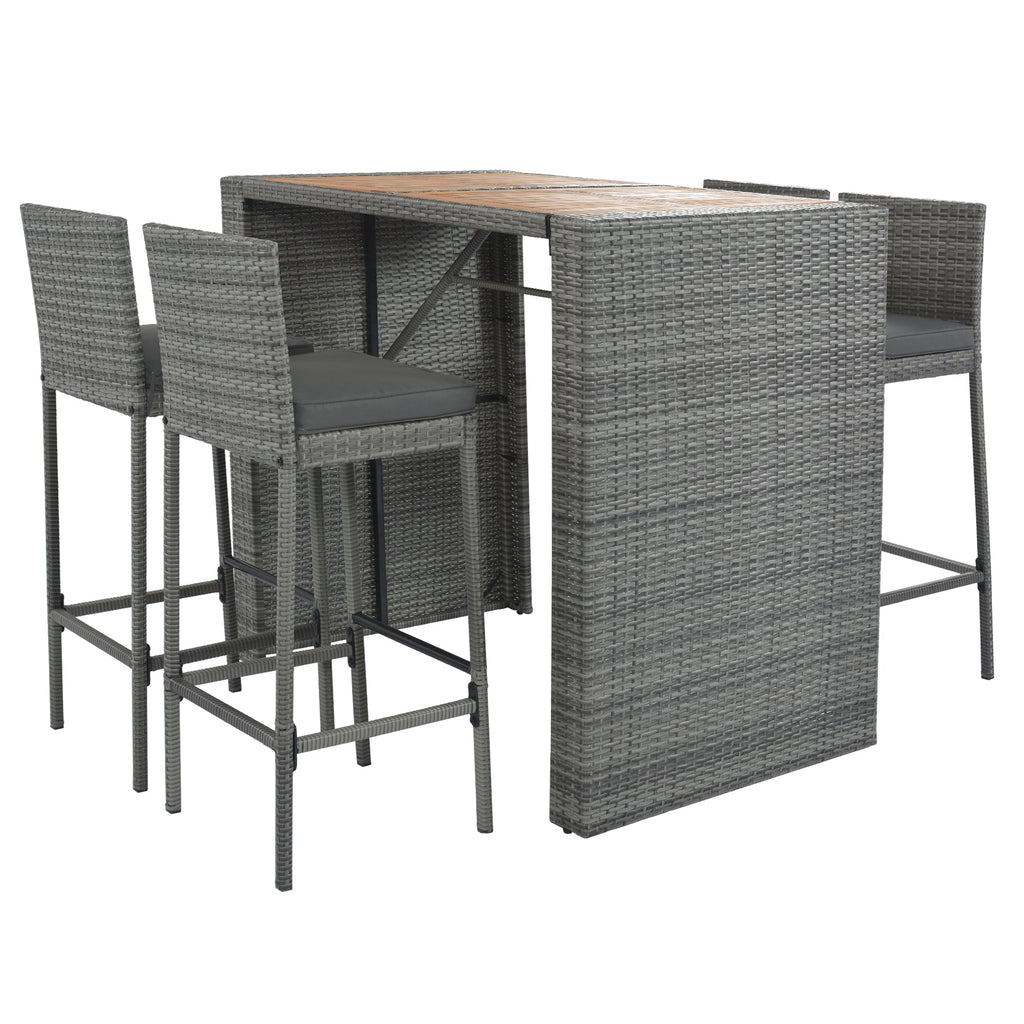 5-Piece Outdoor Patio Wicker Bar Set with Acacia Wood Table