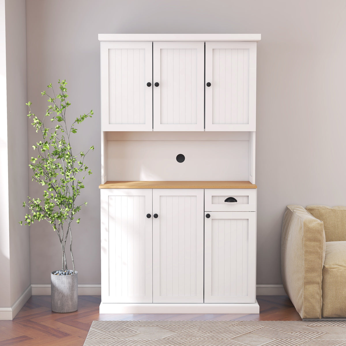 White Kitchen Pantry Storage Cabinet with Microwave Countertop and Adjustable Shelves