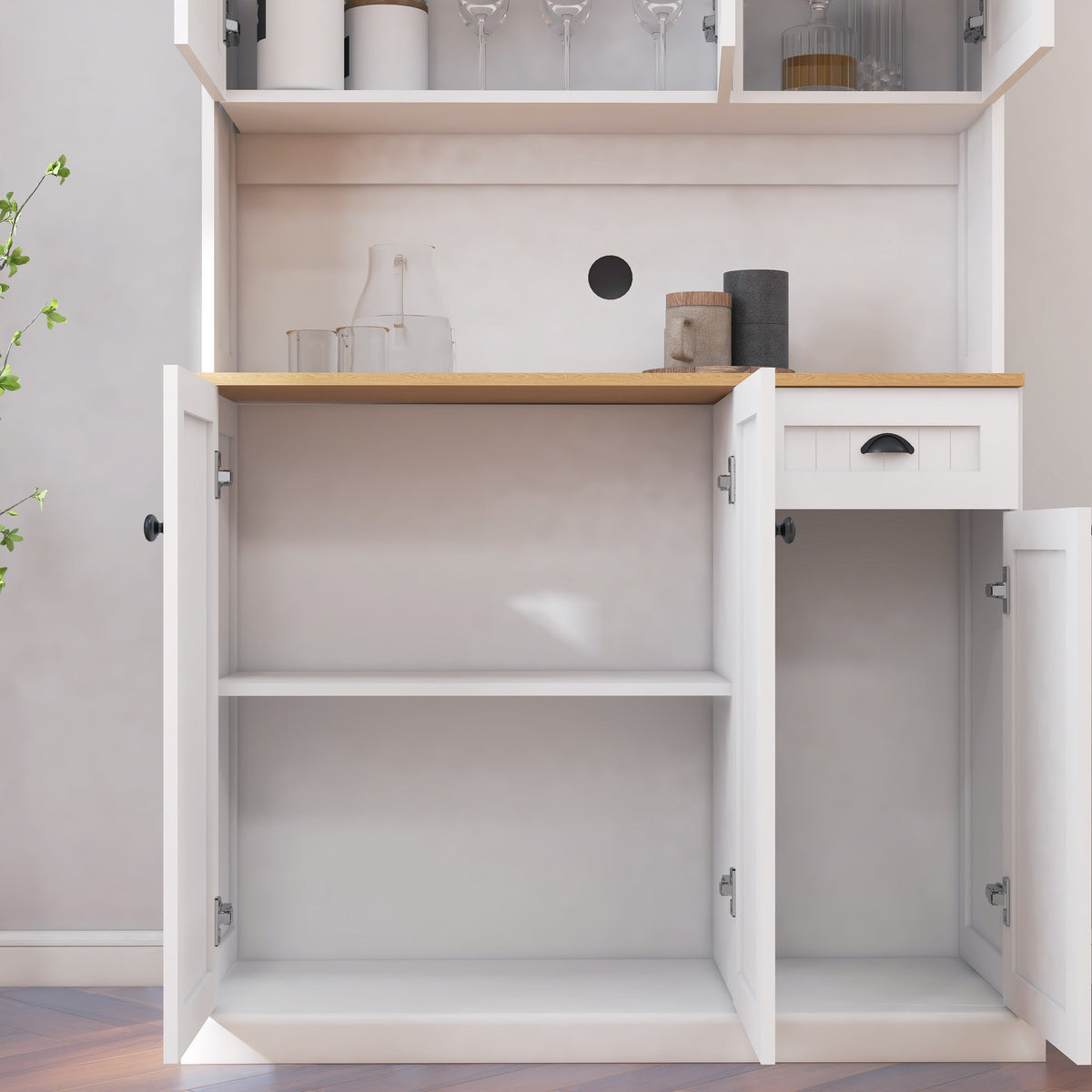 White Kitchen Pantry Storage Cabinet with Microwave Countertop and Adjustable Shelves