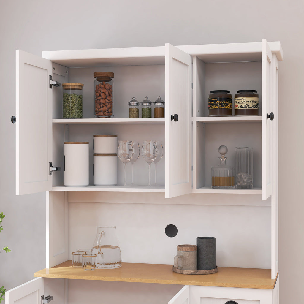 White Kitchen Pantry Storage Cabinet with Microwave Countertop and Adjustable Shelves
