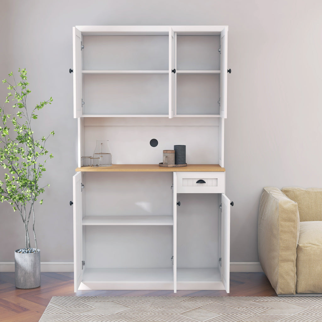 White Kitchen Pantry Storage Cabinet with Microwave Countertop and Adjustable Shelves