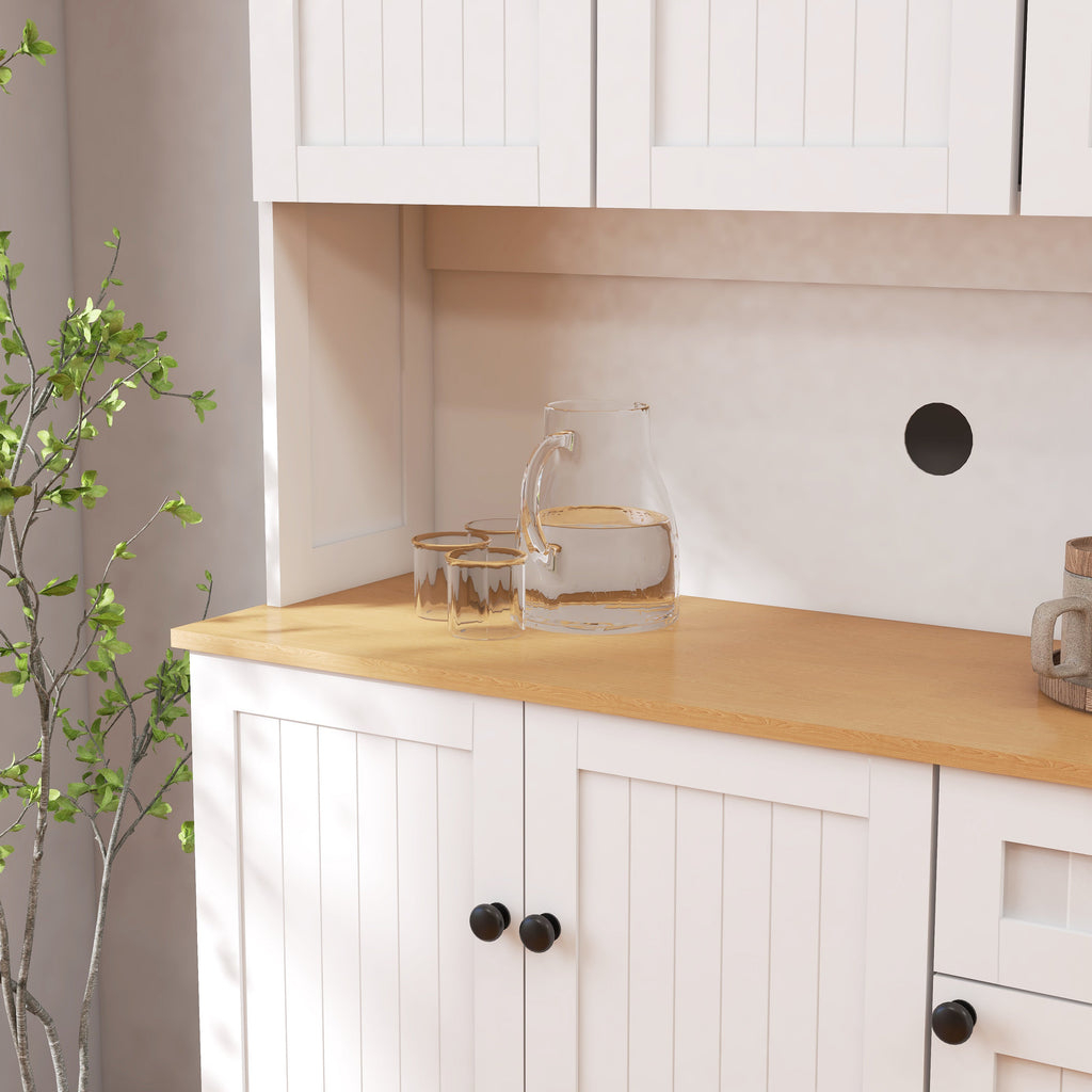 White Kitchen Pantry Storage Cabinet with Microwave Countertop and Adjustable Shelves
