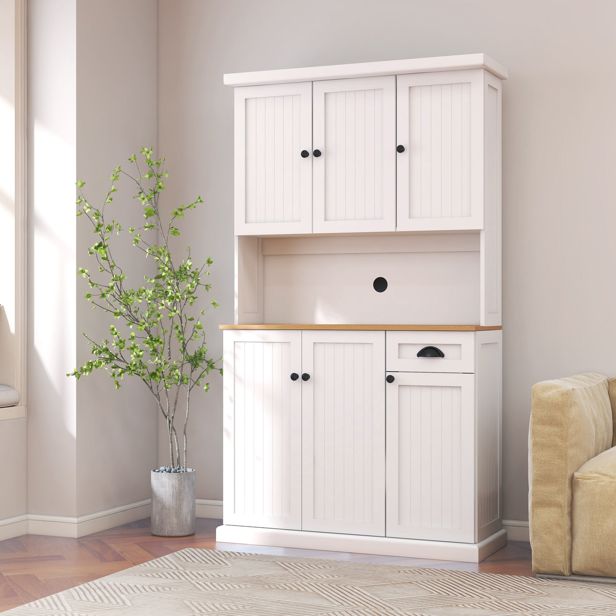 White Kitchen Pantry Storage Cabinet with Microwave Countertop and Adjustable Shelves