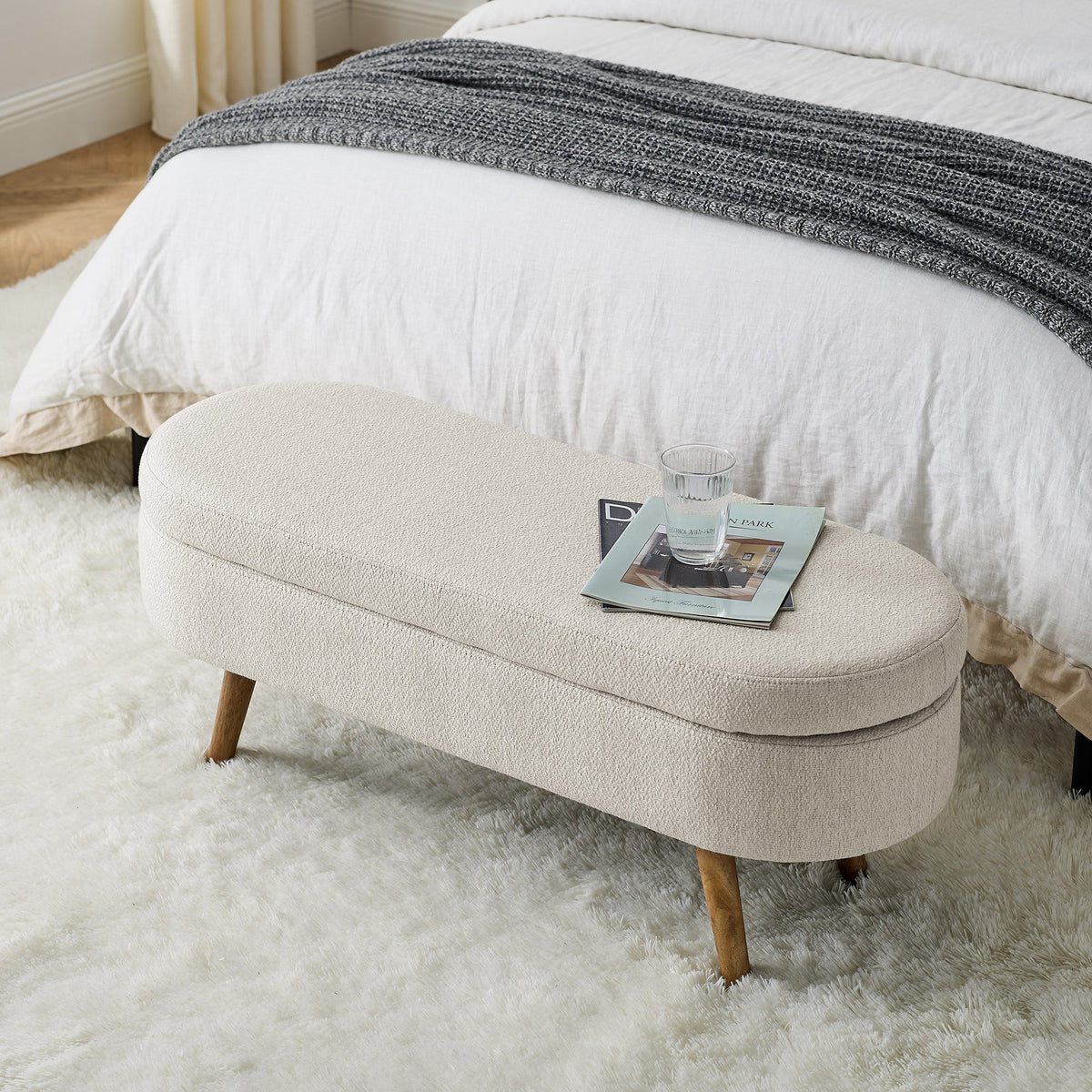 Ottoman Oval Storage Bench with Rubber Wood Legs - Beige