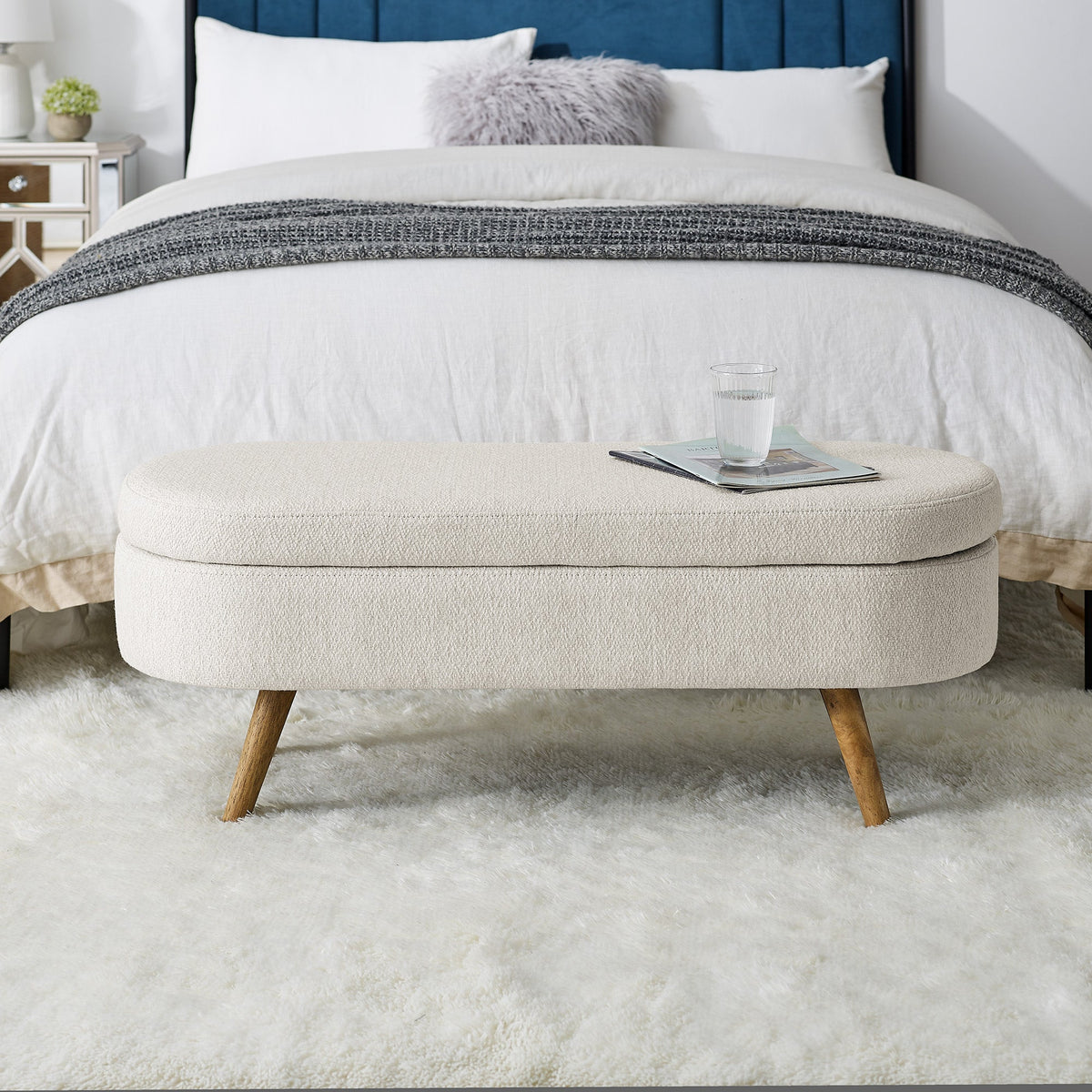 Ottoman Oval Storage Bench with Rubber Wood Legs - Beige
