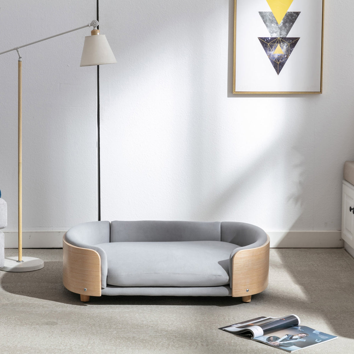 Scandinavian Style Elevated Dog Bed with Solid Wood Legs and Velvet Cushion - Light Grey or Dark Grey