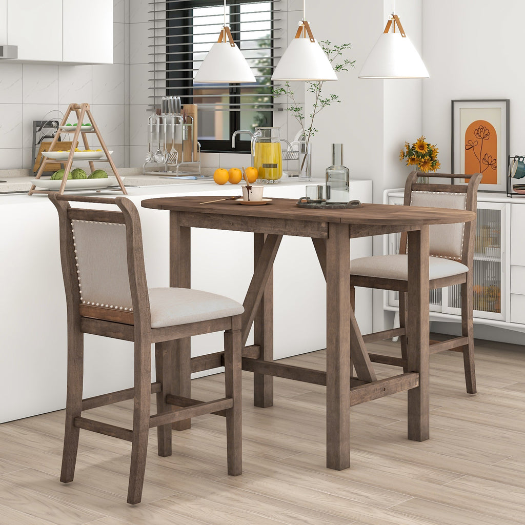 Drop Leaf Wood Counter Height Dining Set with Upholstered Chairs - Brown or White