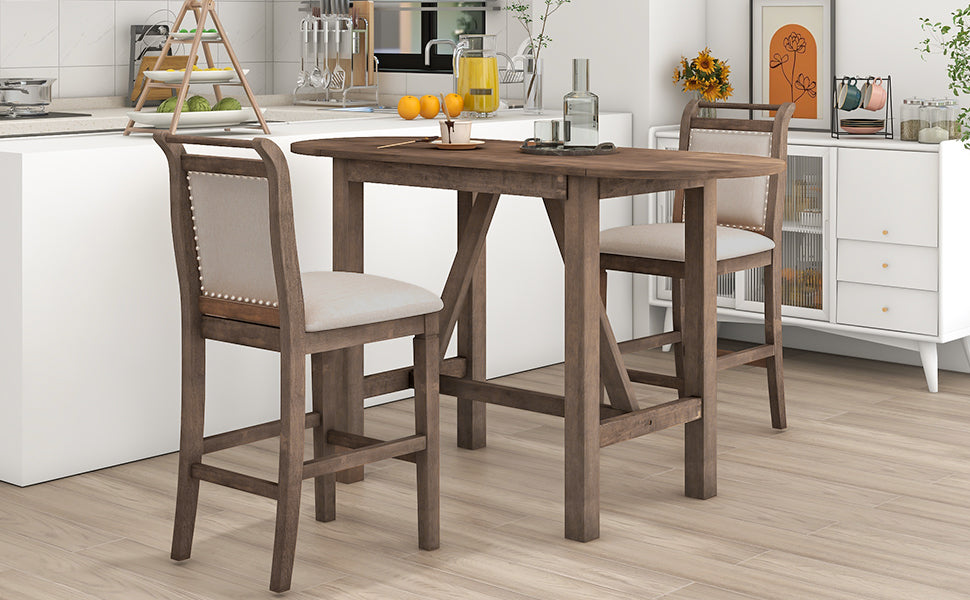 Drop Leaf Wood Counter Height Dining Set with Upholstered Chairs - Brown or White