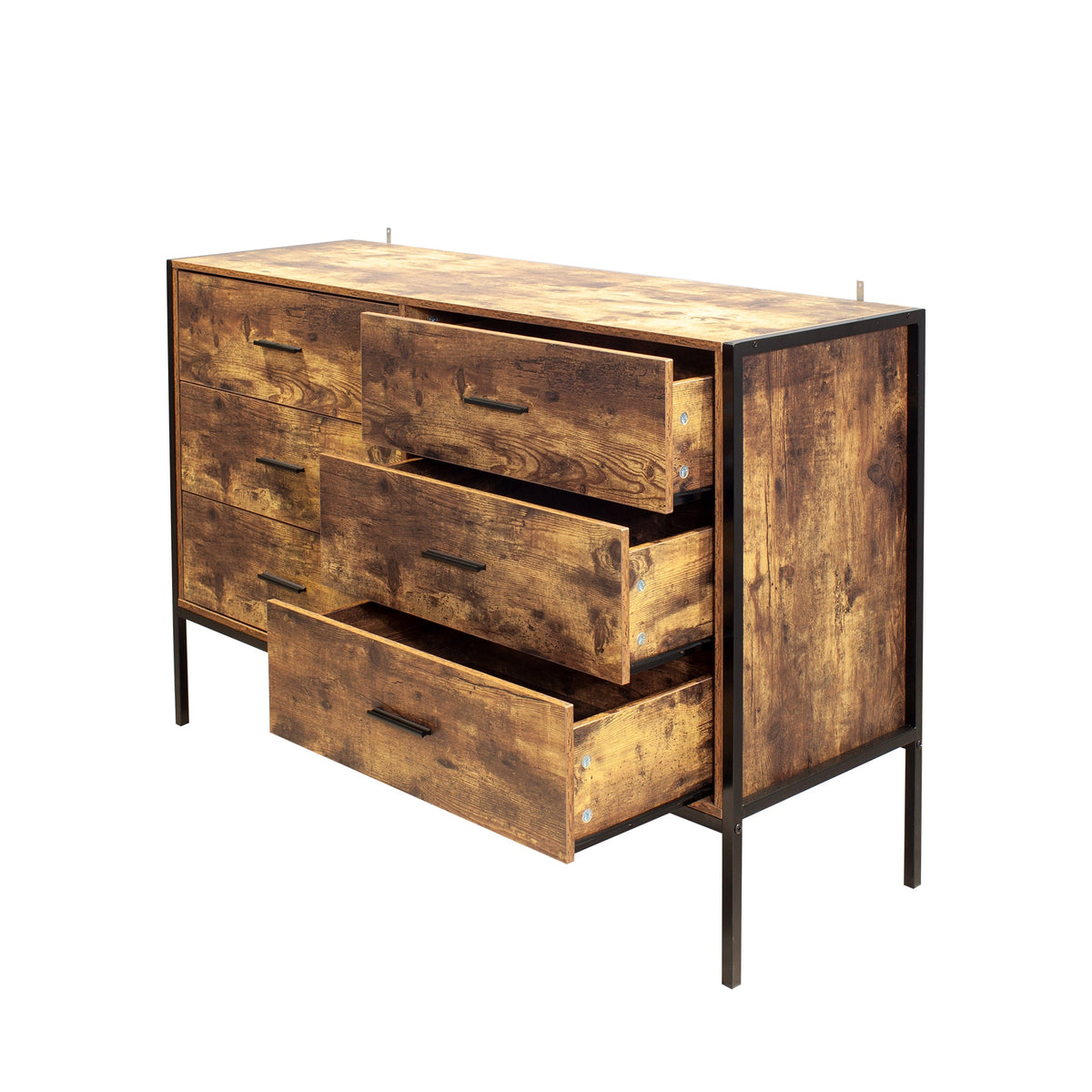 Industrial Style 6 Drawer Double Dresser with Metal Frame - Rustic Brown & Black
