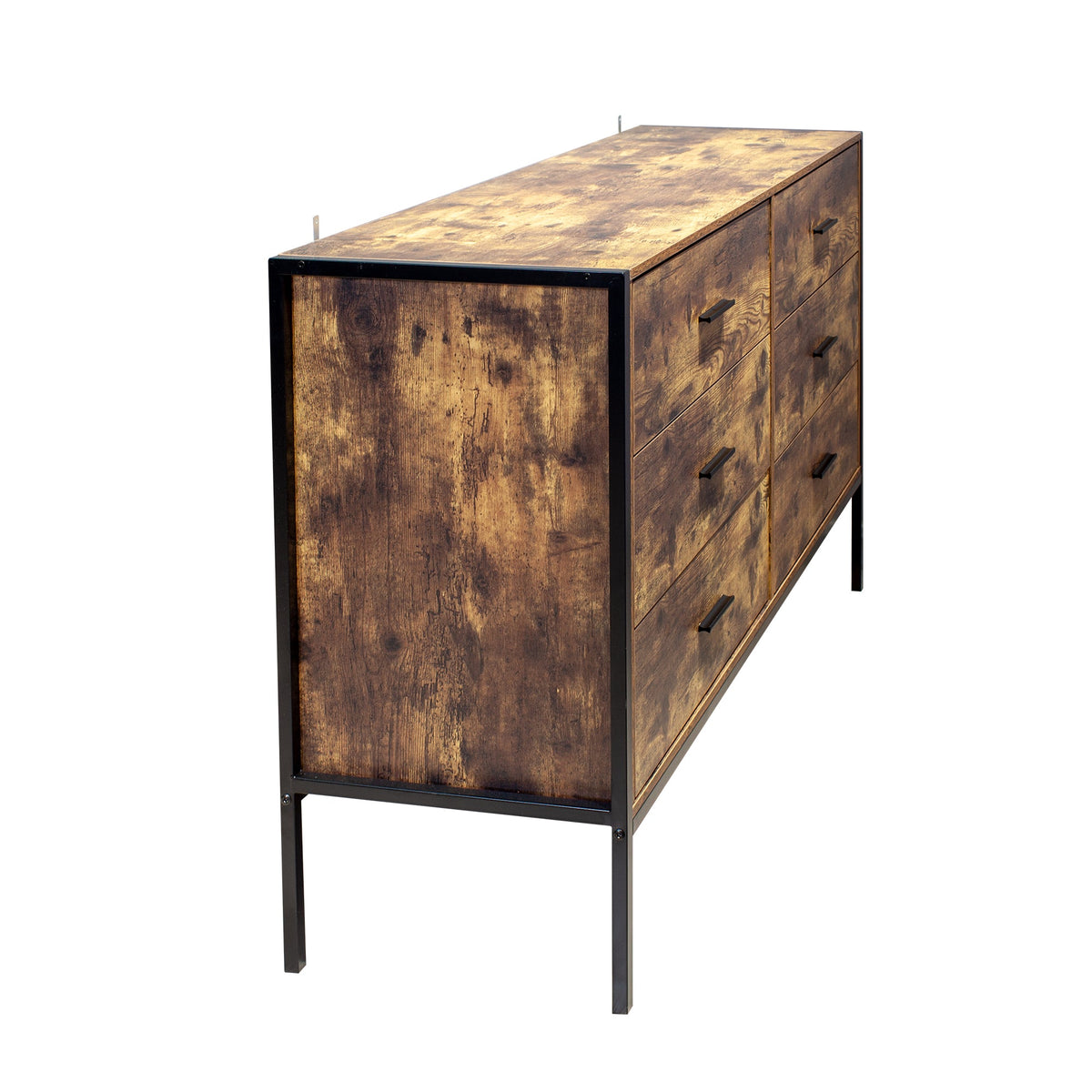 Industrial Style 6 Drawer Double Dresser with Metal Frame - Rustic Brown & Black