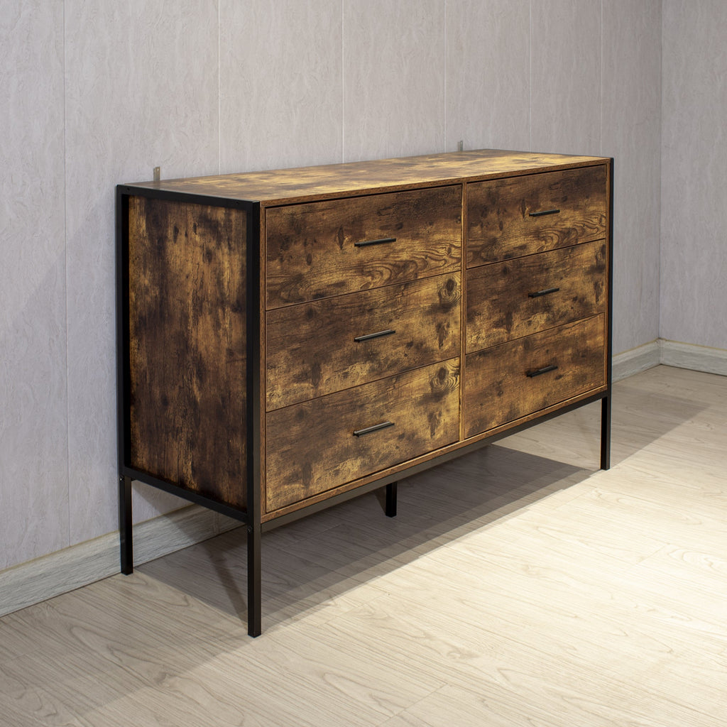 Industrial Style 6 Drawer Double Dresser with Metal Frame - Rustic Brown & Black