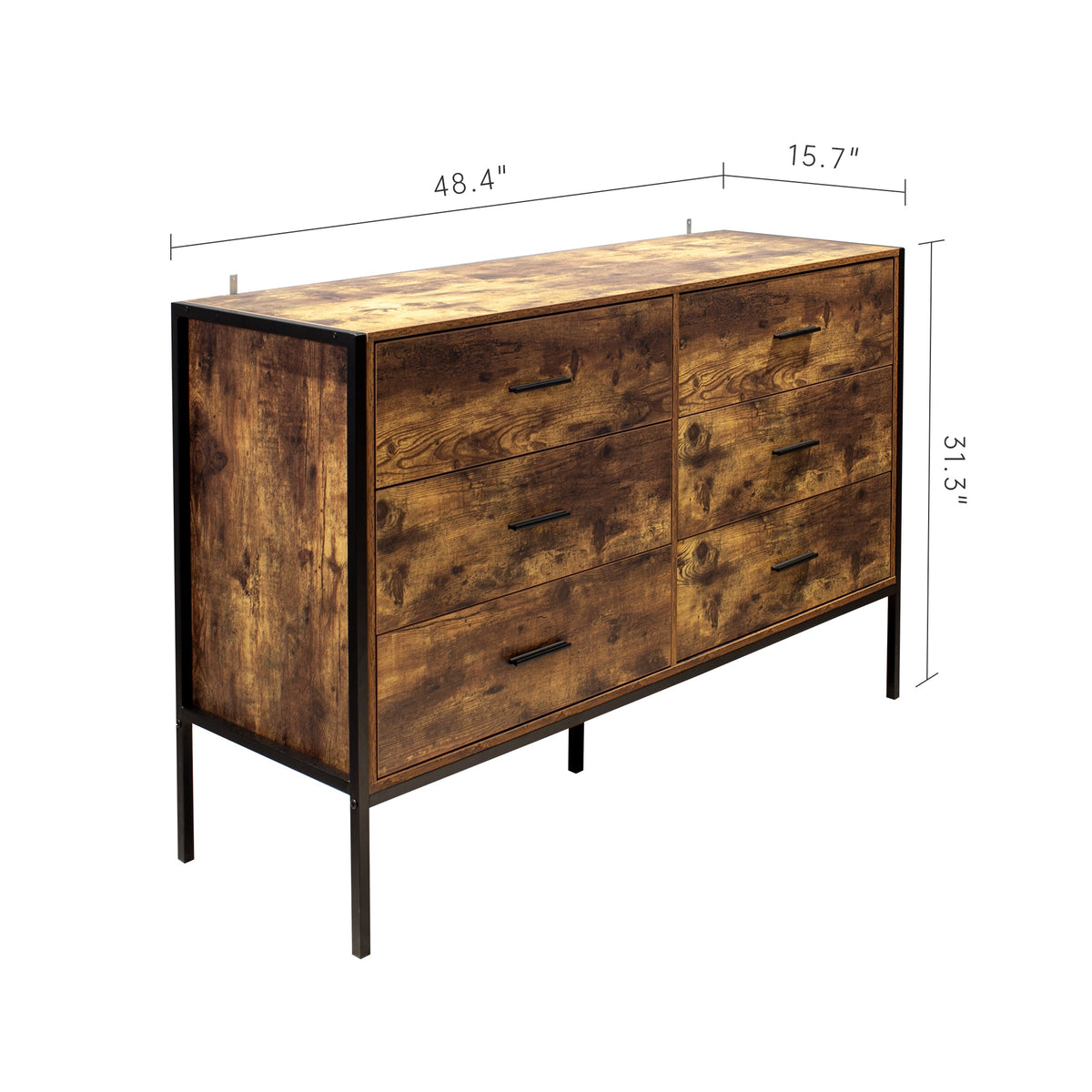 Industrial Style 6 Drawer Double Dresser with Metal Frame - Rustic Brown & Black