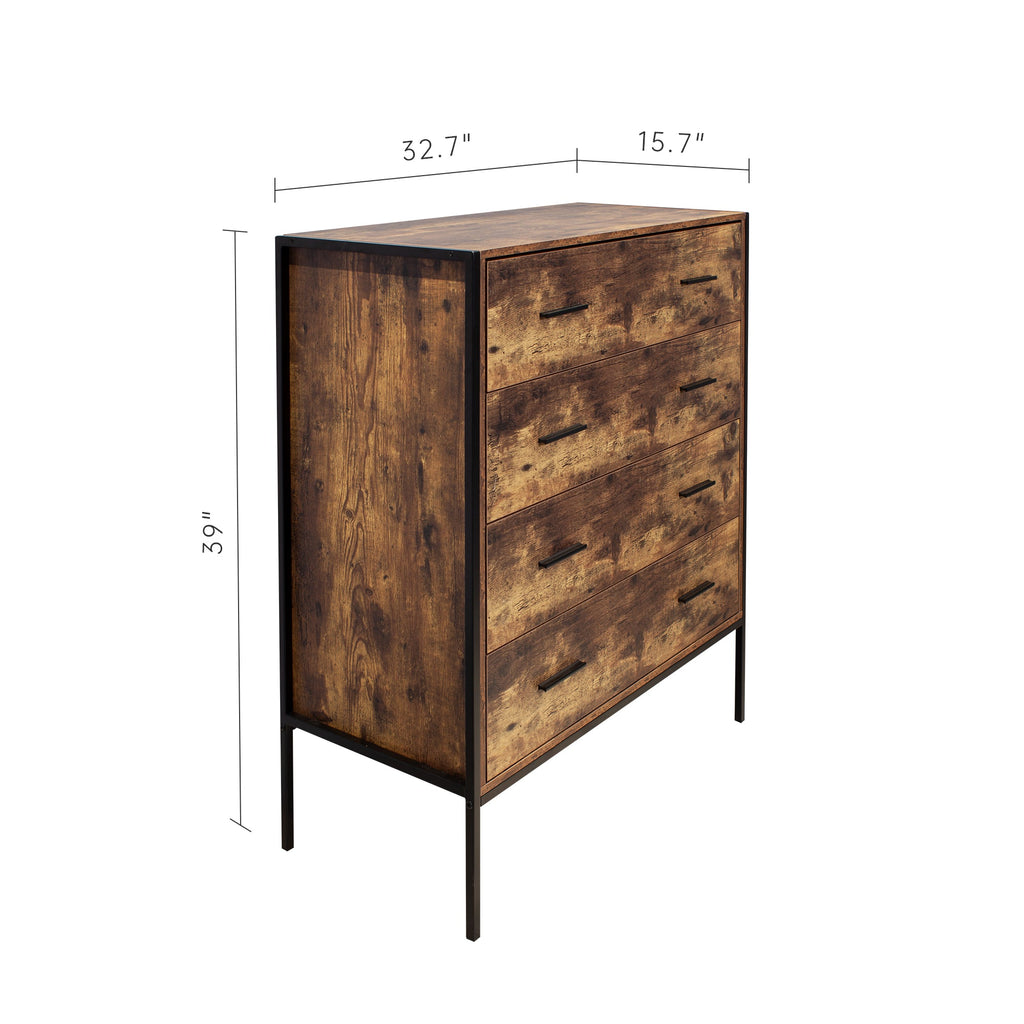 Industrial Style 4 Drawer Dresser with Sturdy Metal Frame - Rustic