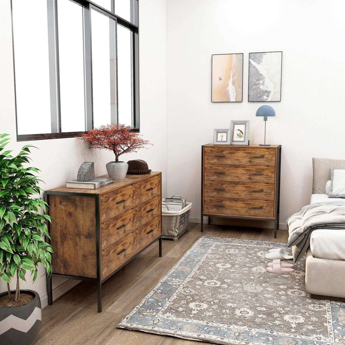 Industrial Style 4 Drawer Dresser with Sturdy Metal Frame - Rustic