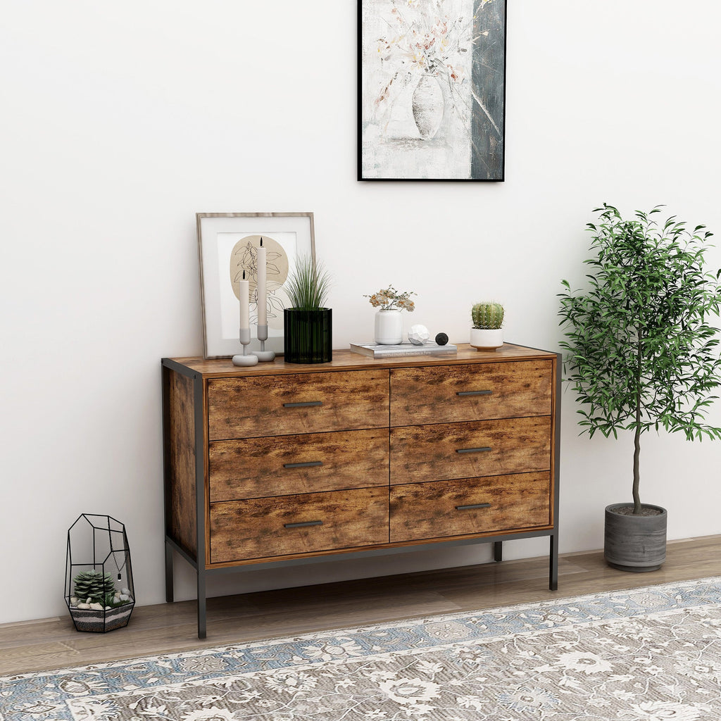Industrial Style 6 Drawer Double Dresser with Metal Frame - Rustic Brown & Black