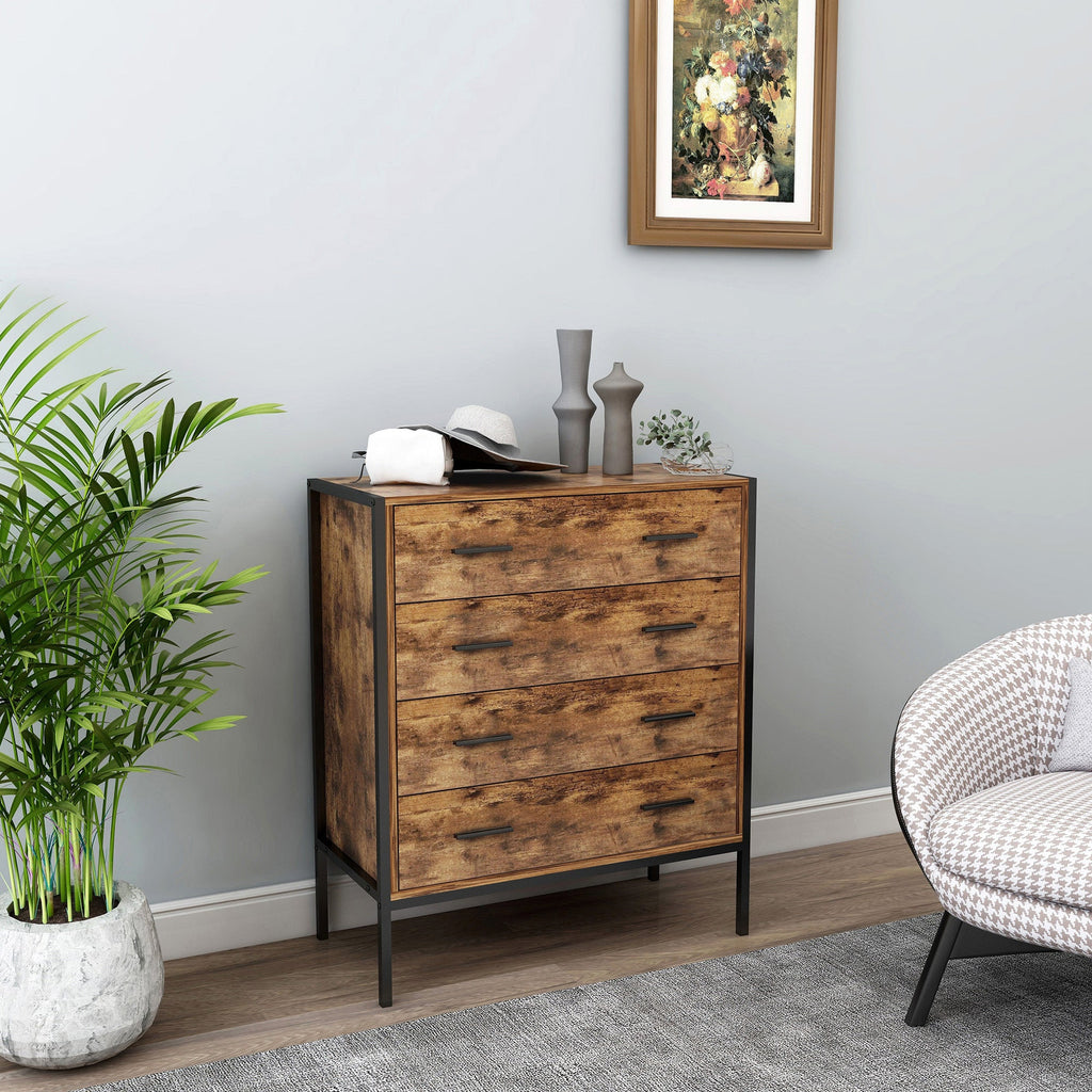 Industrial Style 4 Drawer Dresser with Sturdy Metal Frame - Rustic