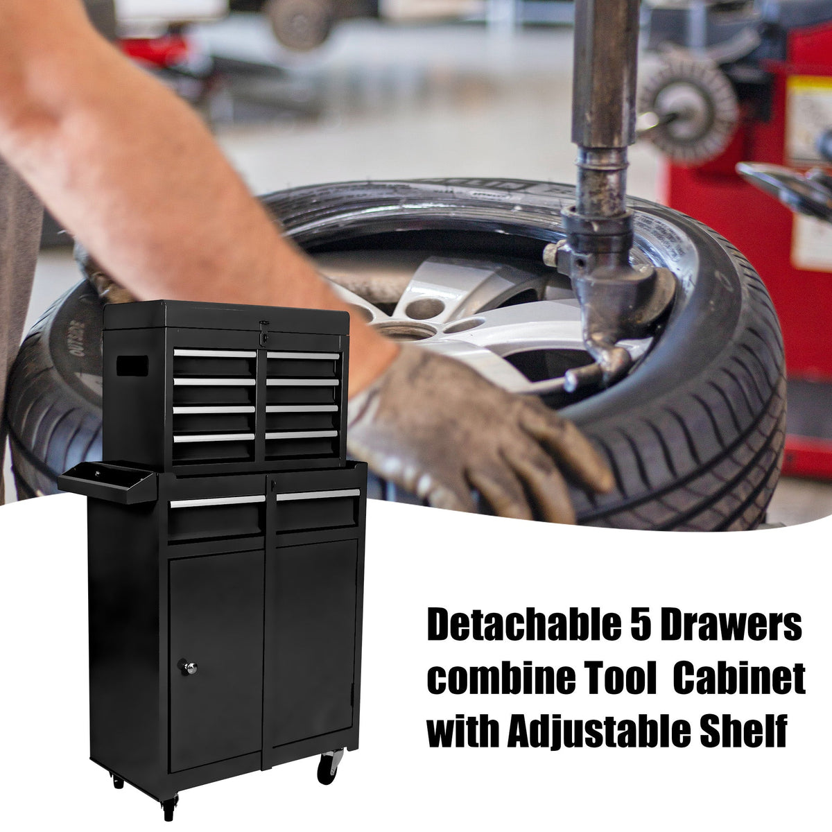 5-Drawer Rolling Tool Chest with Lockable Wheels - Black Metal