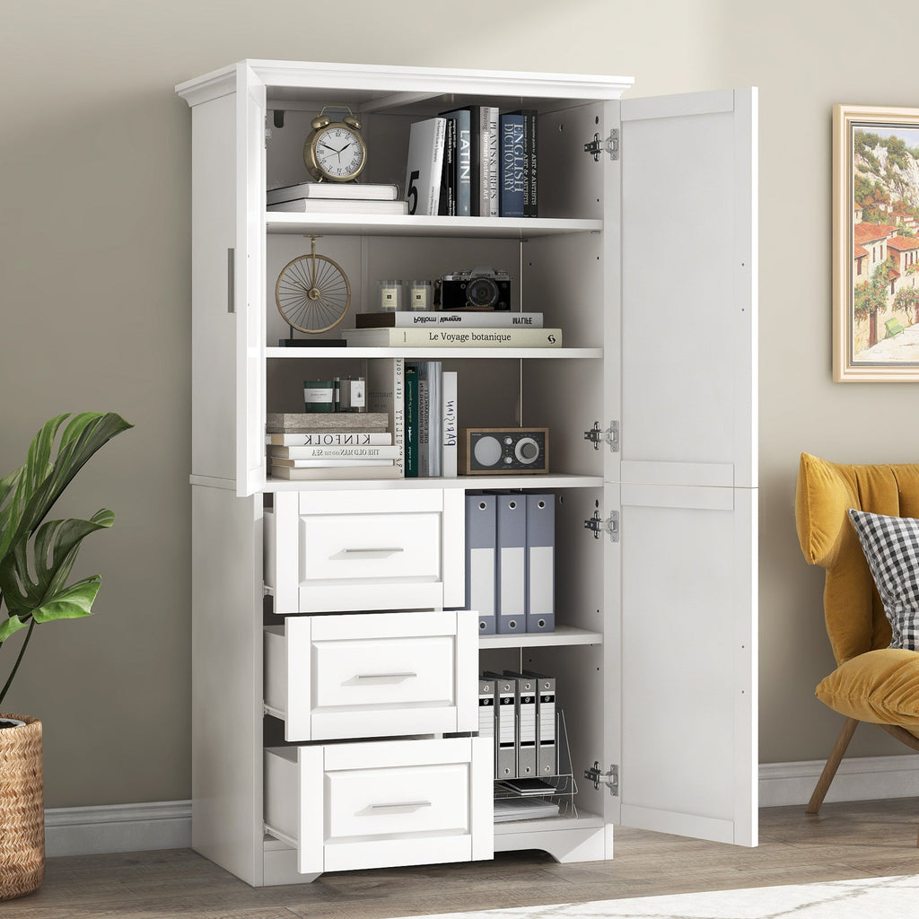 Tall and Wide Storage Cabinet with Doors and Drawers - White