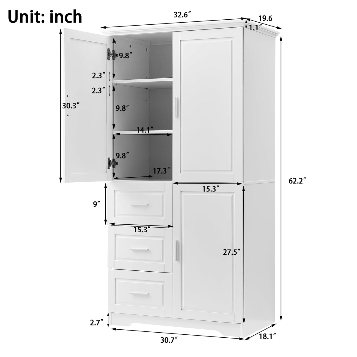 Tall and Wide Storage Cabinet with Doors and Drawers - White