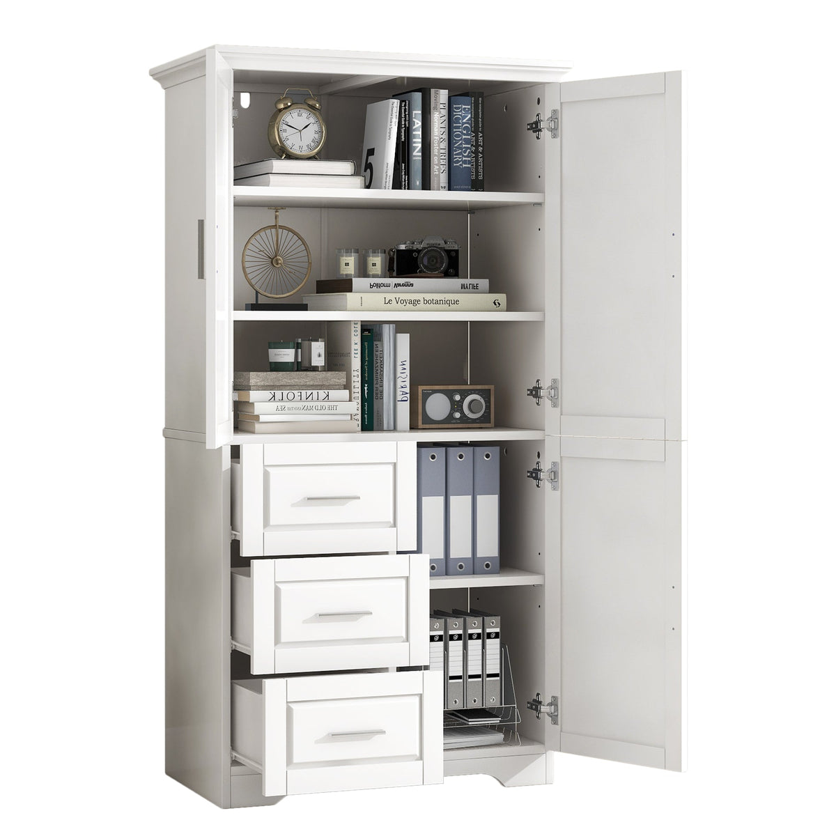 Tall and Wide Storage Cabinet with Doors and Drawers - White