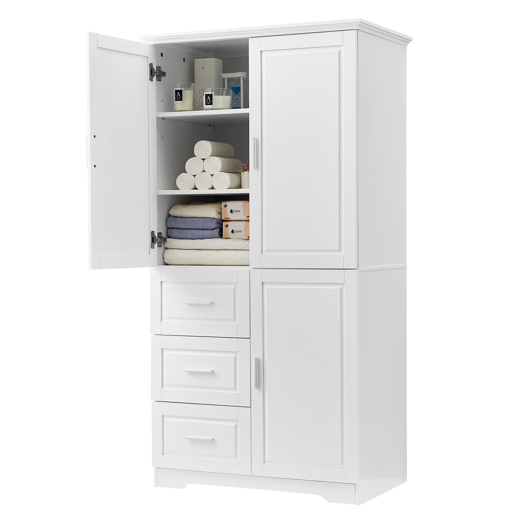 Tall and Wide Storage Cabinet with Doors and Drawers - White