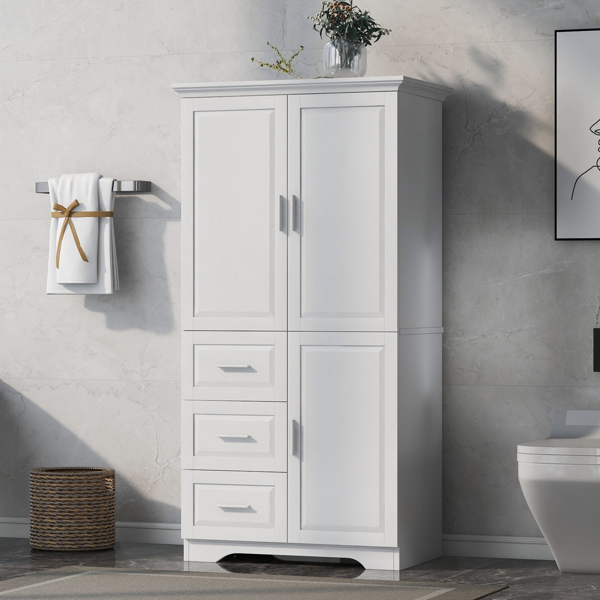 Tall and Wide Storage Cabinet with Doors and Drawers - White
