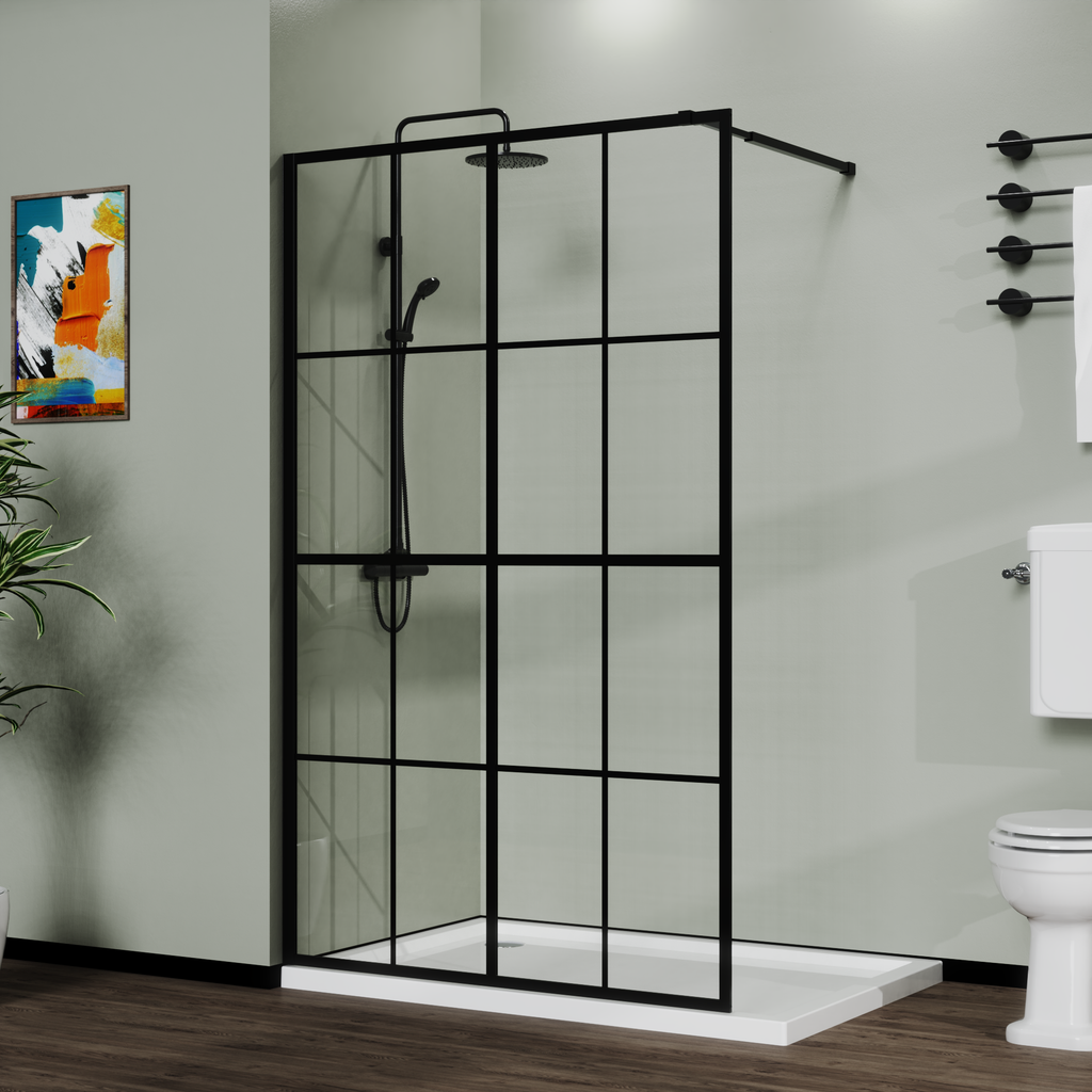 Tempered Glass Shower Screen with Open Entry - Black